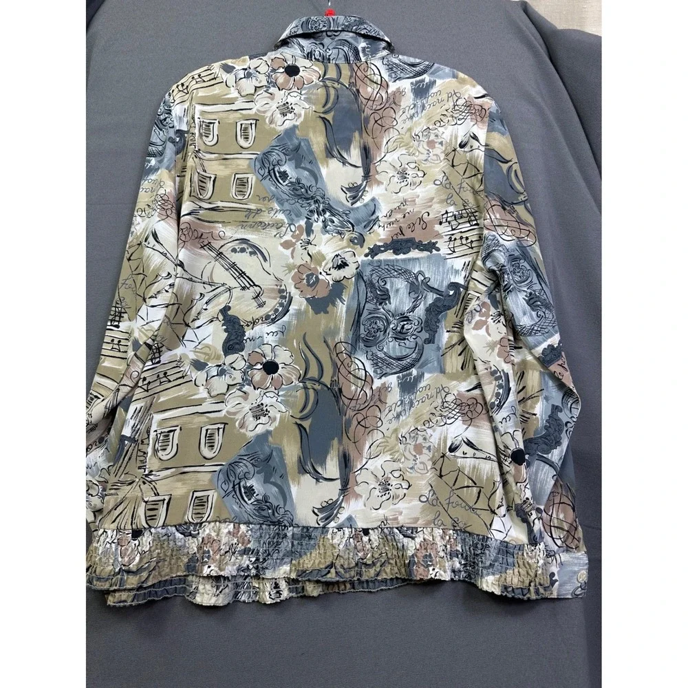 Alfred Dunner Vintage Music‎ Script Print Smocked Hem Button Front Blouse Tan 12